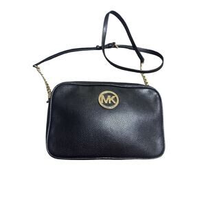 NWT Authentic MICHAEL KORS FULTON Large East West Leather Crossbody Black/Gold